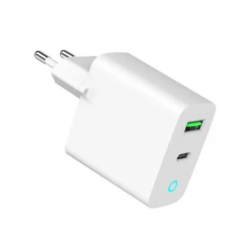 Tīkla barošanas bloks 220V GEMBIRD, universāls, 1 x USB Type-C PD 20W, 1 x USB-A 3.0 QC 18W, LED indikators, balts
