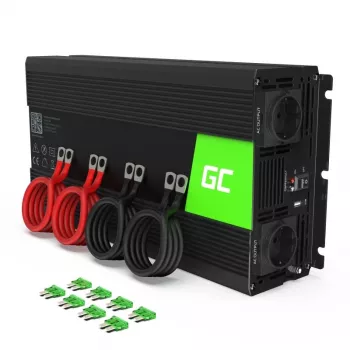 Strāvas pārveidotājs zaļa Cell INV15 3000W līdzstrāva 12V uz maiņstrāvu 230V, USB ports, aktīva dzesēšana, melns