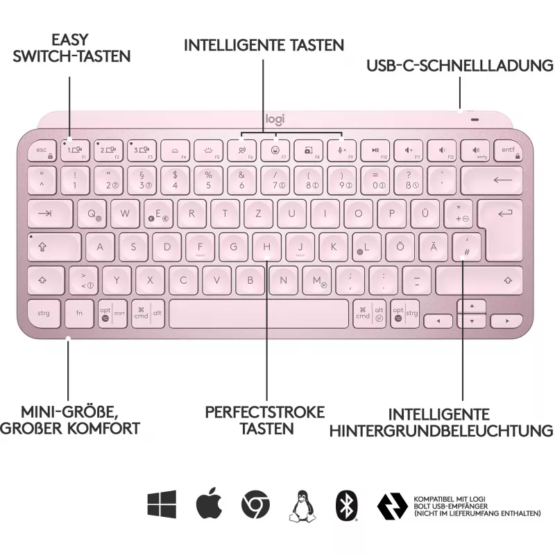 Logitech MX Keys Mini minimālistiska bezvadu apgaismojama tastatūra – ROZĀ – CENTRĀLĀ (DE)