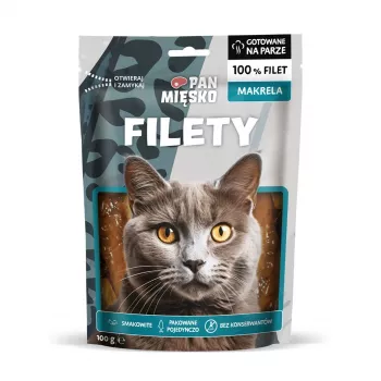 Mitrs kaķu kārums Pan Miesko Mackerel Fillets Adult 100 g — Vienas porcijas zivs filejas, 25% olbaltumvielu, 70% mitruma