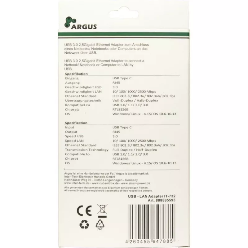 Ethernet adapteris Inter-Tech IT-732 2500 Mbit/s USB Type-C vadu