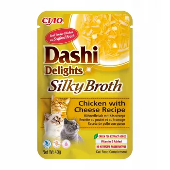 Kaķu mitrais našķis INABA Dashi Delights Zīdainais buljons ar vistu un sieru 40 g vienas porcijas paciņa