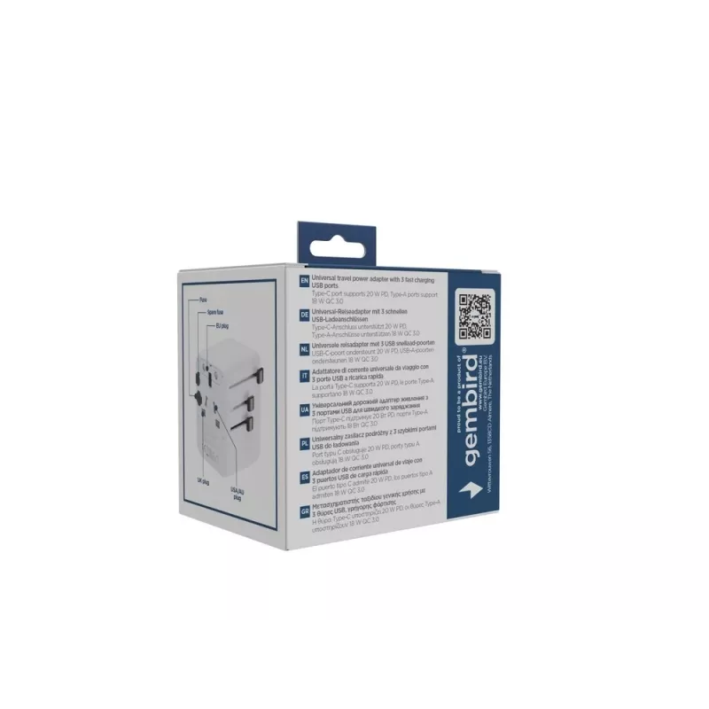 Ceļojumu strāvas adapteris GEMBIRD TPA-1A2C20-01-W — 20 W, USB-A (18 W) + 2× USB-C (20 W), E tipa spraudnis, balts