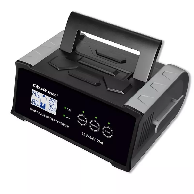 Baterijas lādētājs QOLTEC 52514 — 12V/24V, 25A, AGM/GEL/SLA baterijām ar LCD displeju