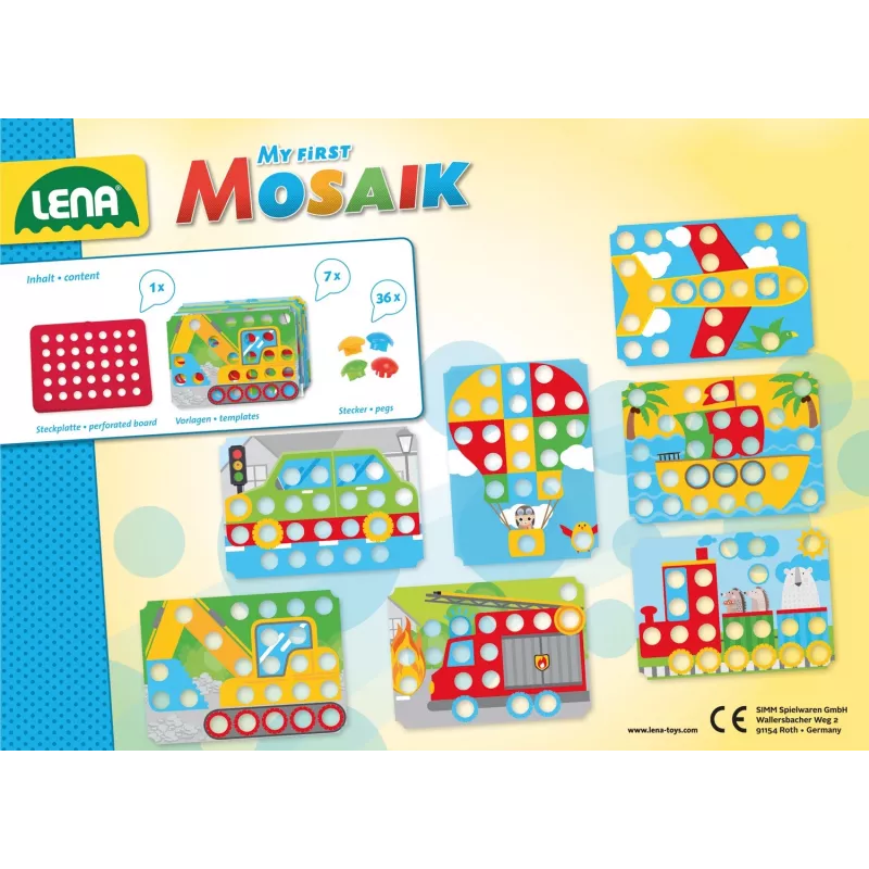 Izglītojošs mozaīkas komplekts Lena My First Mozaic Traffic modelis 35633 — dēlītis ar knaģiem transportlīdzekļu attēlu veidošanai