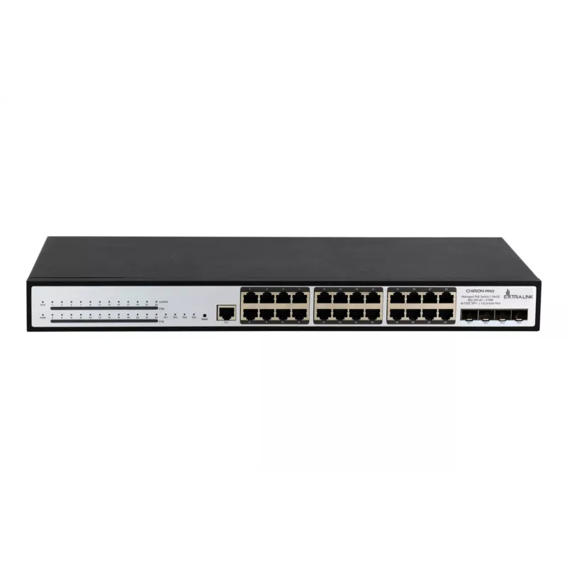 Pārvaldāms komutators Extralink Chiron Pro 24x RJ45 1000Mb/s PoE 4x SFP+ L3 370W