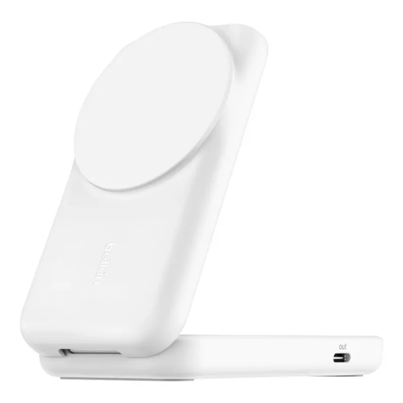 Belkin UltraCharge 25W Qi2 2 vienā salokāms bezvadu uzlādes statīvs, balts (WIZ038KQWH)