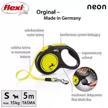 Izvelkama pavada Flexi New NEON 5 m - lentes pavada, maziem suņiem līdz 15 kg, melna/dzeltena