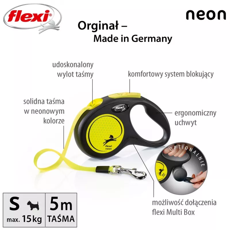 Izvelkama pavada Flexi New NEON 5 m - lentes pavada, maziem suņiem līdz 15 kg, melna/dzeltena