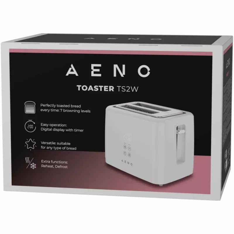 Tosteris AENO ATS0002W ar 2 spraugām, 780–930 W, 220–240 V 50–60 Hz, 3 režīmi, 7 apbrūnināšanas pakāpes, balts