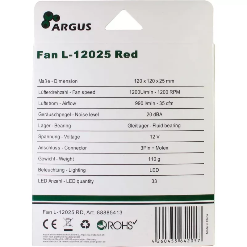 INTER-TECH Argus L-12025 120mm korpusa ventilators - melns