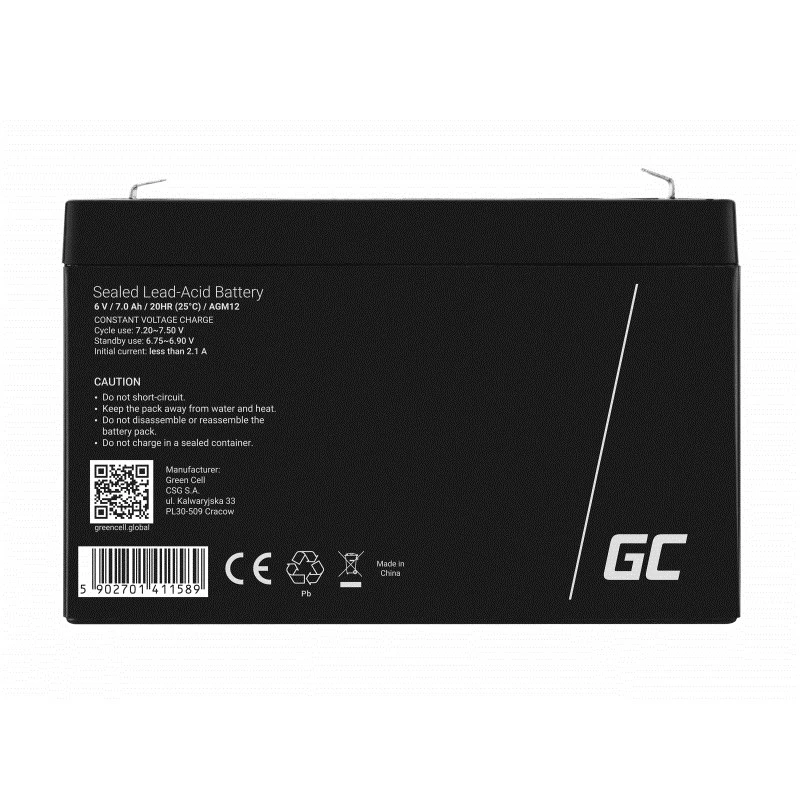 Uzlādējams hermētisks svina-skābes akumulators zaļa Cell AGM12 6 V 7000 mAh melns