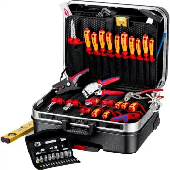 Mehānikas instrumentu komplekts Knipex 00 21 06 — 68 instrumenti, ietver adatdeguna un ūdenssūkņa knaibles, sarkani/dzelteni instrumenti, melns futrālis (515×438×265 mm)