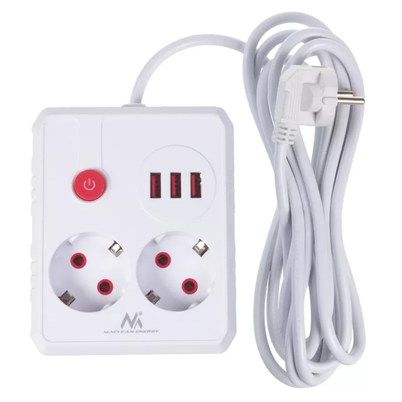 Strāvas sadalītājs MACLEAN MCE388 W — 2 rozetes, 3×USB, 110–240V, 2500W, 3 m kabelis, balts