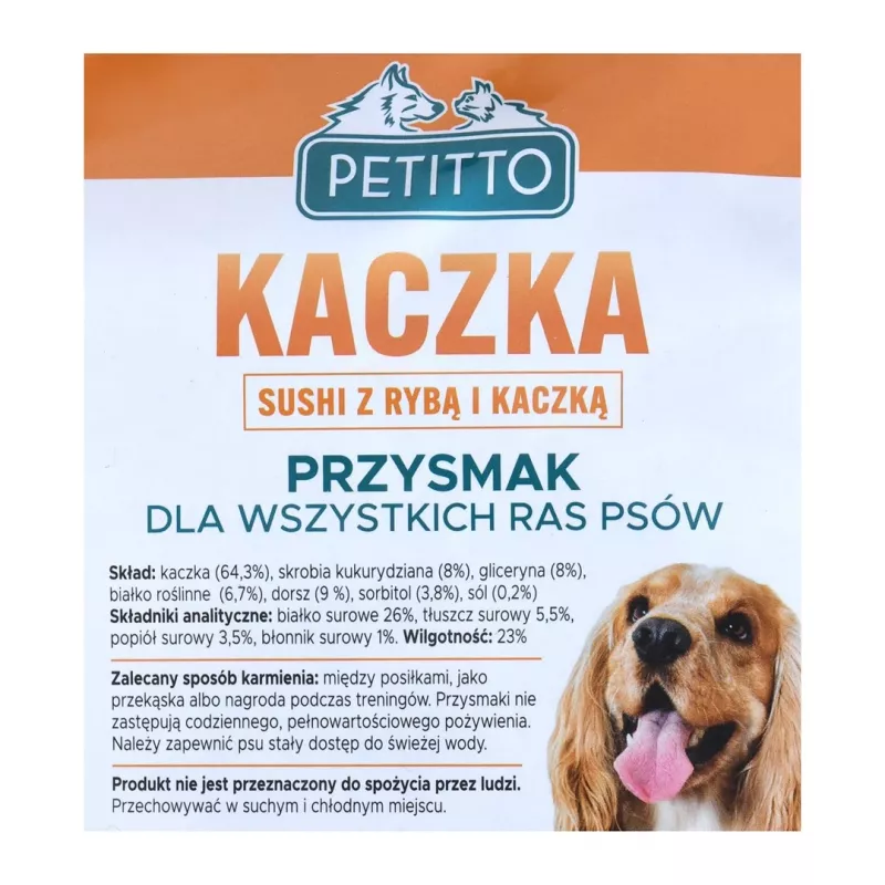 Suņu gardumi PETITTO Sushi ar zivīm un pīli 500 g — mīksti hipoalerģiski dresūras gardumi, olbaltumvielas 26%, mitrums 23%