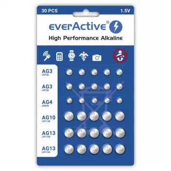 Alkaline batteries everActive AGMIX30BL 1.5V — pack of 30, button/coin cells