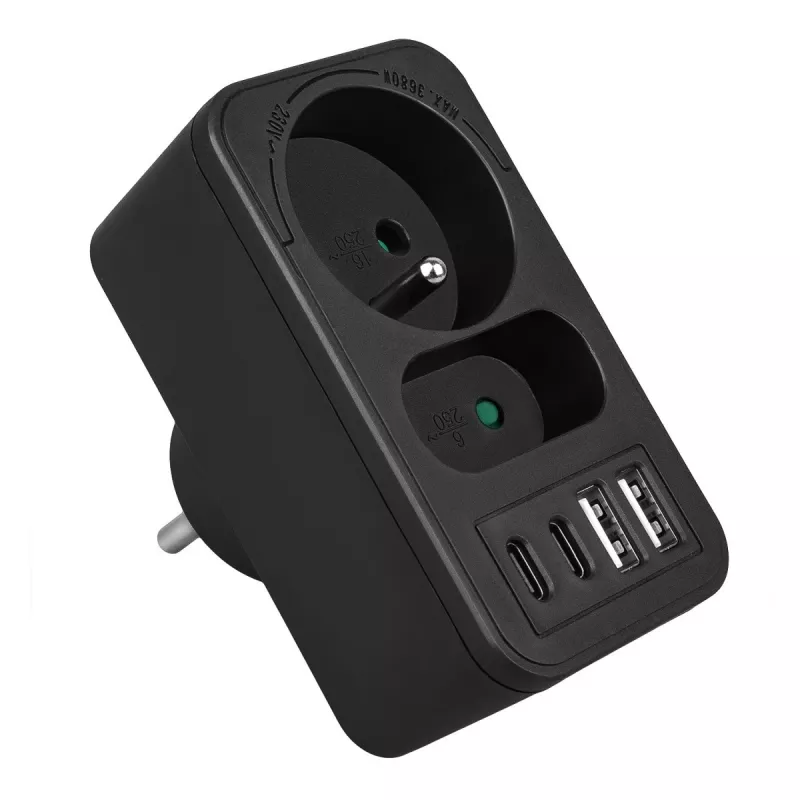 Strāvas sadalītājs MACLEAN MCE249 F/B — 2 maiņstrāvas ligzdas (16A + 6A) ar 2×USB-A un 2×USB-C PD 20W, ES spraudnis, melns