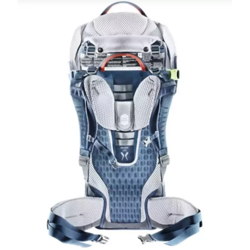 Bērnu pārnēsājamā mugursoma DEUTER Kid Comfort Active — zila, poliamīds, līdz 22 kg, saulessargs, kāju balsts, VariQuick, Lite Air