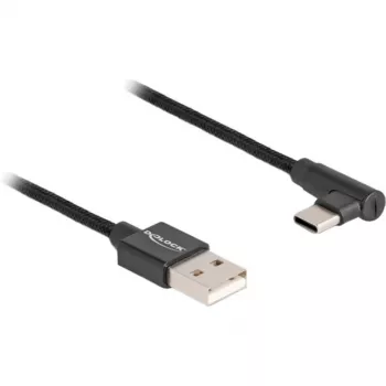 USB 2.0 kabelis, USB-A spraudnis > USB-C spraudnis (melns, 1 metrs, pītais, 90° leņķī)