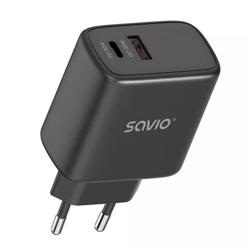 Āra lādētājs SAVIO LA-06/B USB Type-C 30W Power Delivery 1x USB-C melns, 5–20V, 3A/9V, 3A/5V, 3A/12V, 2.1A