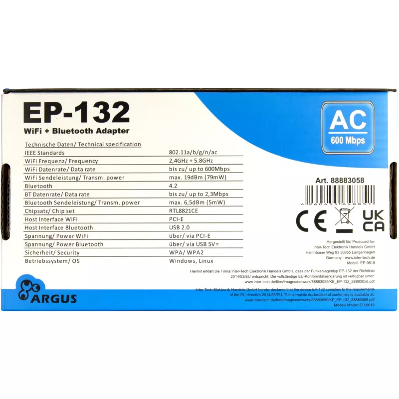 Bezvadu USB tīkla adapteris INTER-TECH Argus EP-132, USB 2.0, Wi-Fi 5 (līdz 600 Mbps)
