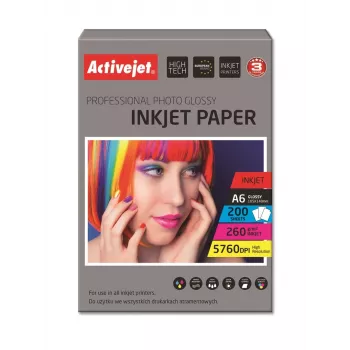 Activejet AP6-260GR200 spīdīgs foto papīrs; ideāli piemērots fotoattēlu un krāsainu atmiņu drukāšanai, 10x15; (A6; 200 gab.)