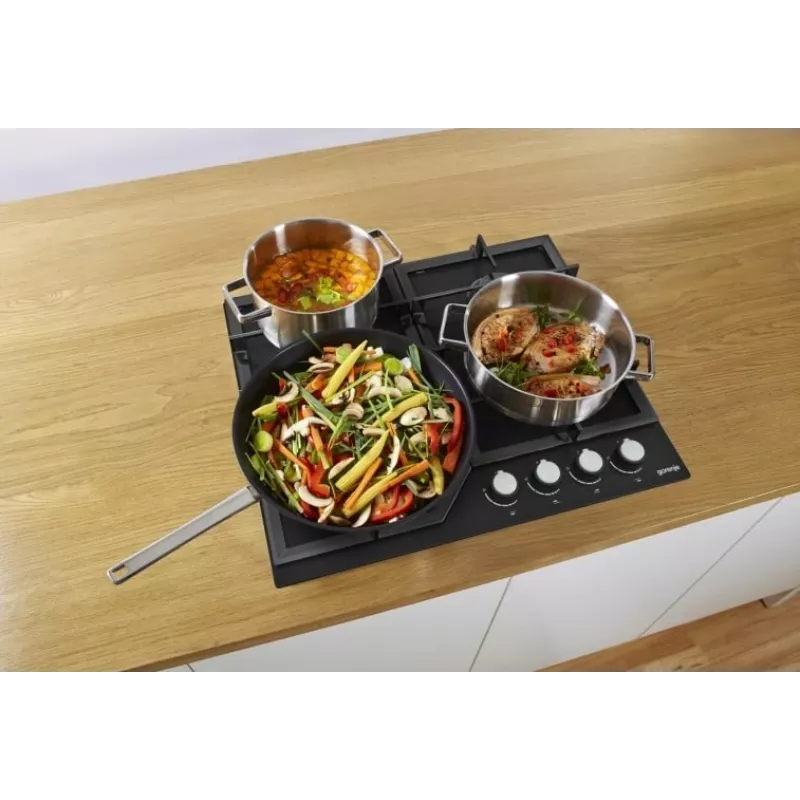 Gāzes plīts virsma Gorenje GT641KB, iebūvējama 60 cm, 4 gāzes zonas, rūdīts stikls, čuguna restes, grozāmie slēdži