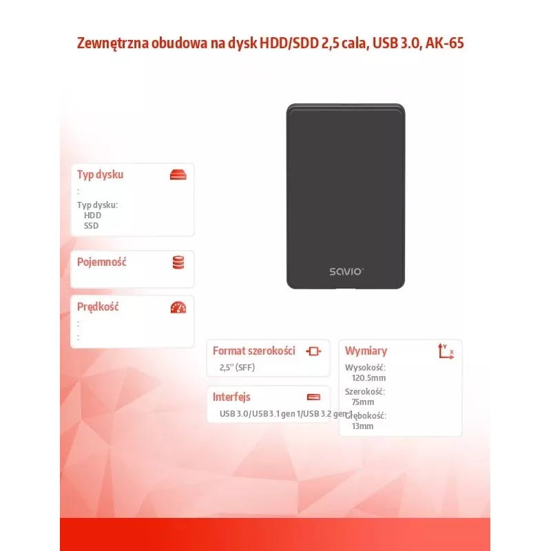 HDD/SSD korpuss SAVIO AK-65 Melns 2,5 collu SATA USB 3.0 5 Gbit/s Micro-USB