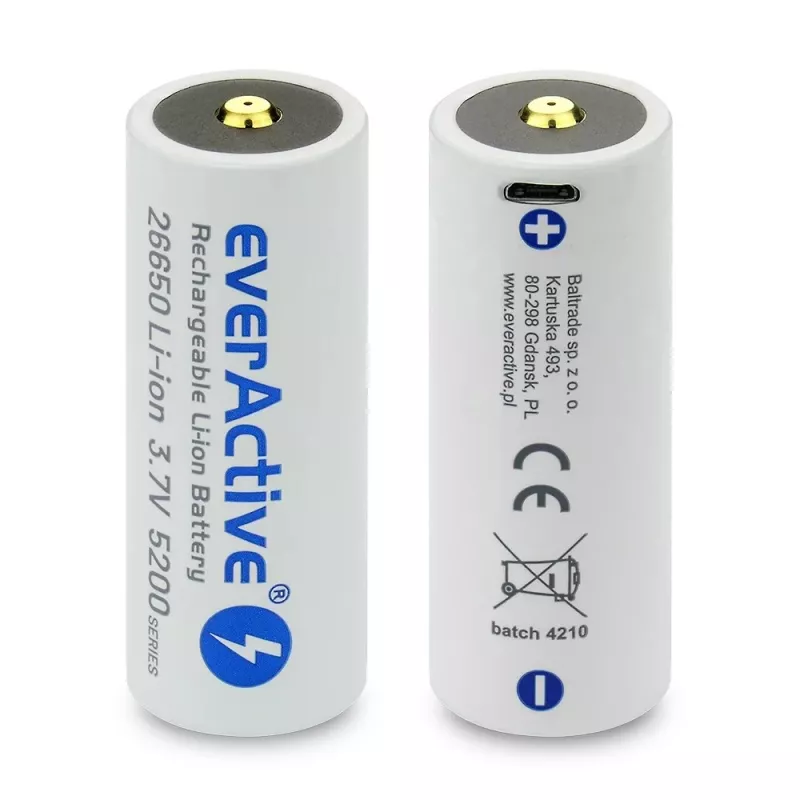 Uzlādējamā baterija everActive EV26650-52M 3.7V 5200mAh ar Micro USB uzlādi