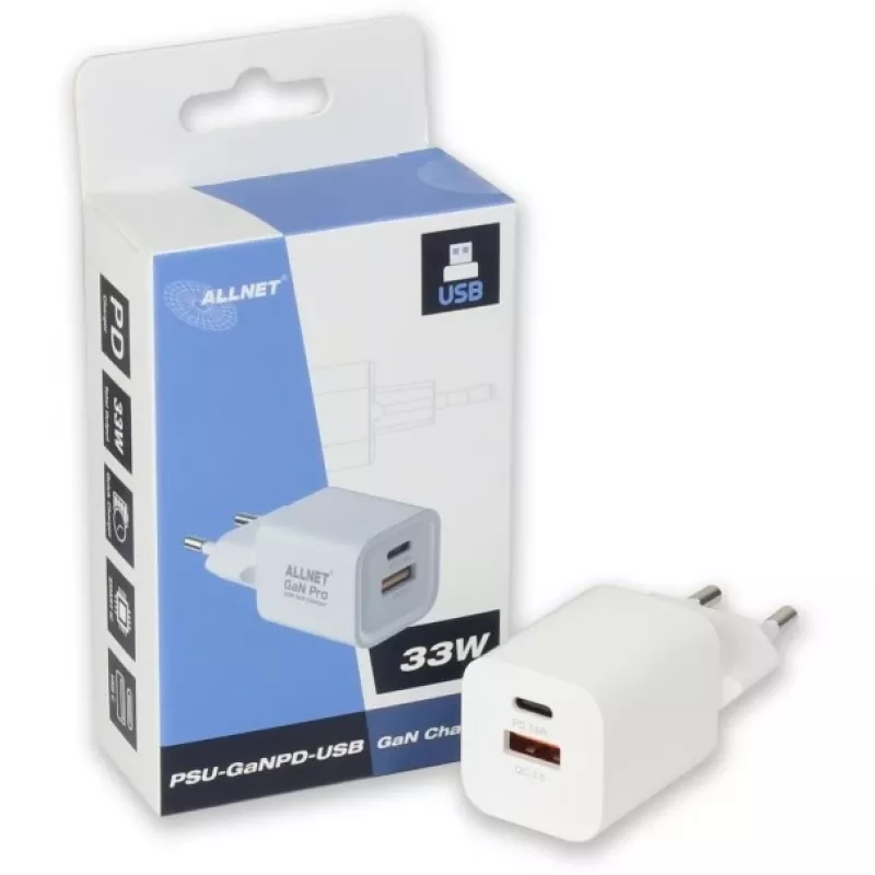 Strāvas adapteris ALLNET PSU-GaNPD-USB-1A1C-45W USB-C PD un USB-A QC 45W GaN lādētājs