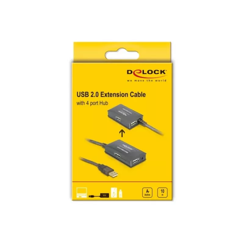 DeLock USB2.0 pagarinājuma kabelis 10m aktīvs ar 4 portu centrmezglu - Centrmezgls - 4 x USB2.0 (82748)