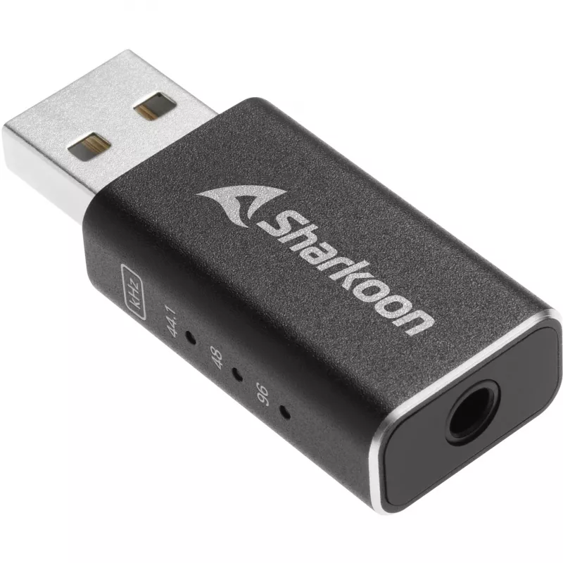 Iekšējais USB Type-A uz 3,5 mm DAC adapteris Sharkoon DAC Pro S — 2 V izeja, melns, kompakts (42×17,3×9,7 mm)