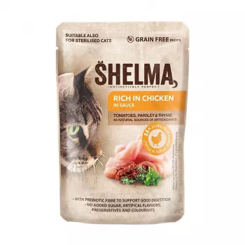 Mitrā kaķu barība SHELMA Rich in chicken in sauce 85 g — pilnvērtīga barība pieaugušiem kaķiem, 10% olbaltumvielu, 81% mitruma
