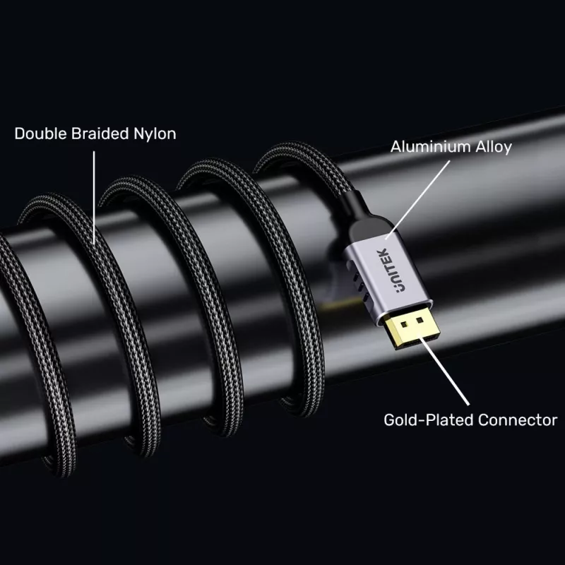 DisplayPort kabelis Unitek C1626GY01-1.5M — 1,5 m, DisplayPort 2.1, vīr.-vīr., 360 Hz, 15360×8640, pelēks