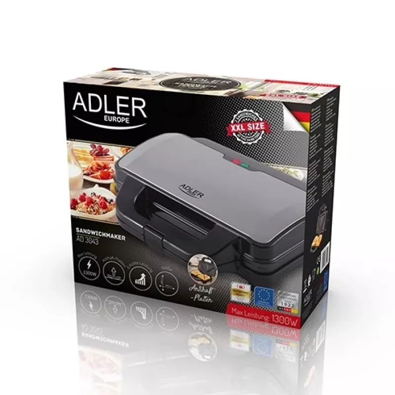 Sviestmaižu automāts Adler AD 3043, 1300 W, nepiedegošas plāksnes, 2 sviestmaizes, 285×152 mm cepamā virsma, melns