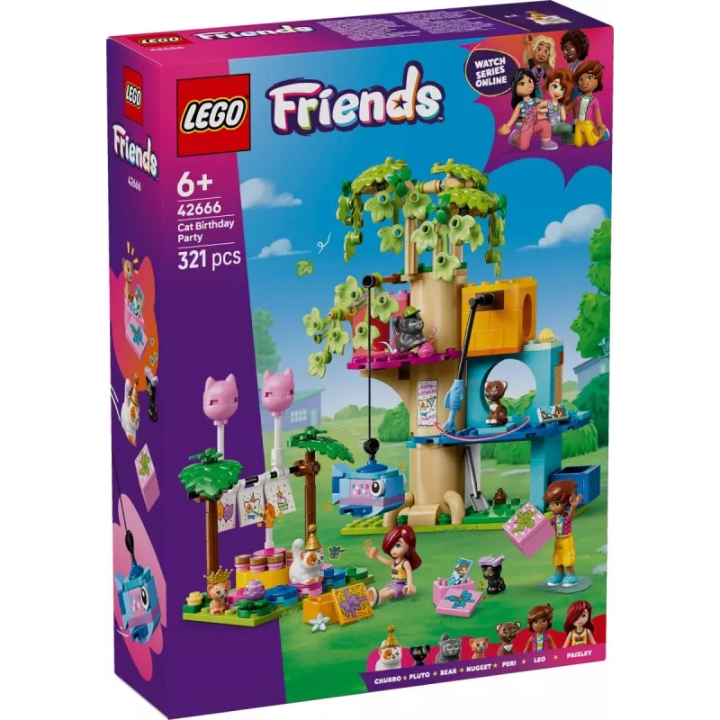Konstruktora rotaļlieta LEGO Friends 42666 Kaķa dzimšanas dienas ballītes koka mājas komplekts, 321 gab., 6+ gadi, 180×160×100 mm
