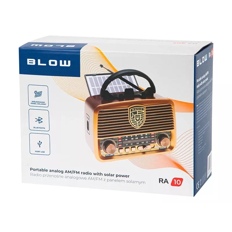 Analogais radio BLOW RA10 AM/FM saules 77-540 — AM/FM uztvērējs ar saules paneli un baterijas rezervi