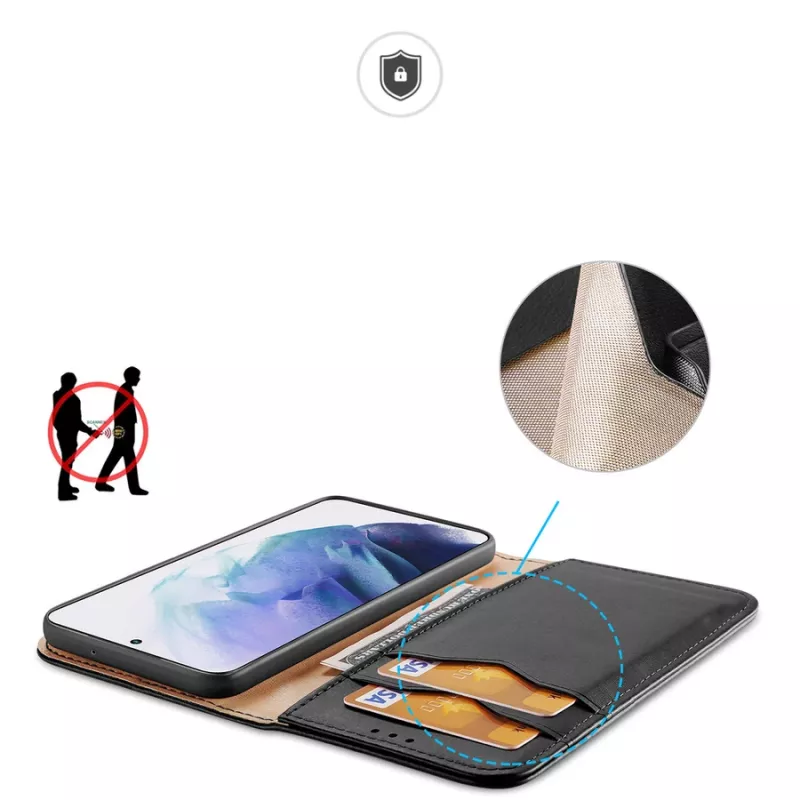 Dux Ducis Dux Ducis Hivo ādas maciņš ar atloku, dabīgās ādas kabatas futrālis kartēm un dokumentiem Samsung Galaxy S22+ (S22 Plus) melns