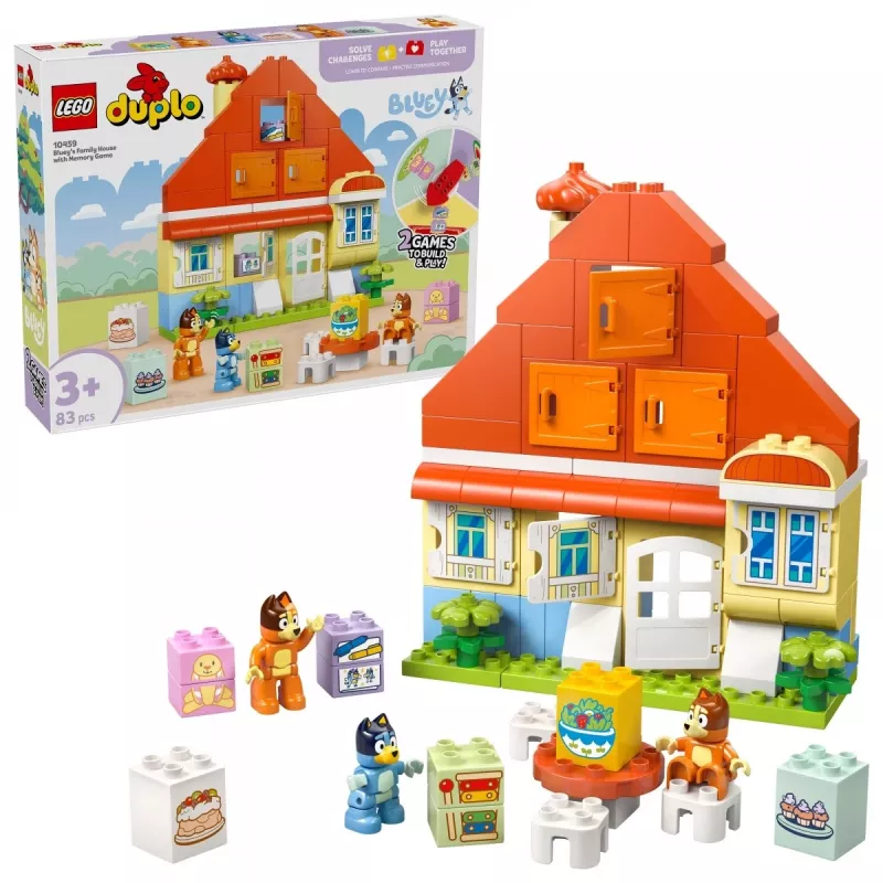 Būvējamā rotaļlieta LEGO Bluey ģimenes māja ar atmiņas spēli 10459 — 83 gabali, 3 minifigūras, vecums 3+