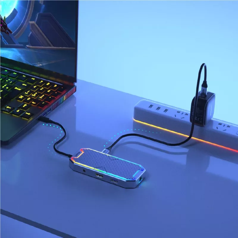 USB centrmezgls Unitek uHUB S7+ — vadu USB 3.2 Gen 2 Type-C, 100 W PD, Gigabit Ethernet, 4K atbalsts, Space pelēka