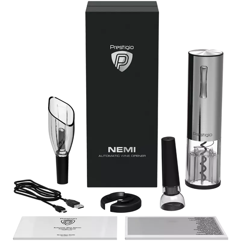 Nemi, elektriskais vīna attaisāmais, aerators, vakuuma konservants, sudraba krāsa