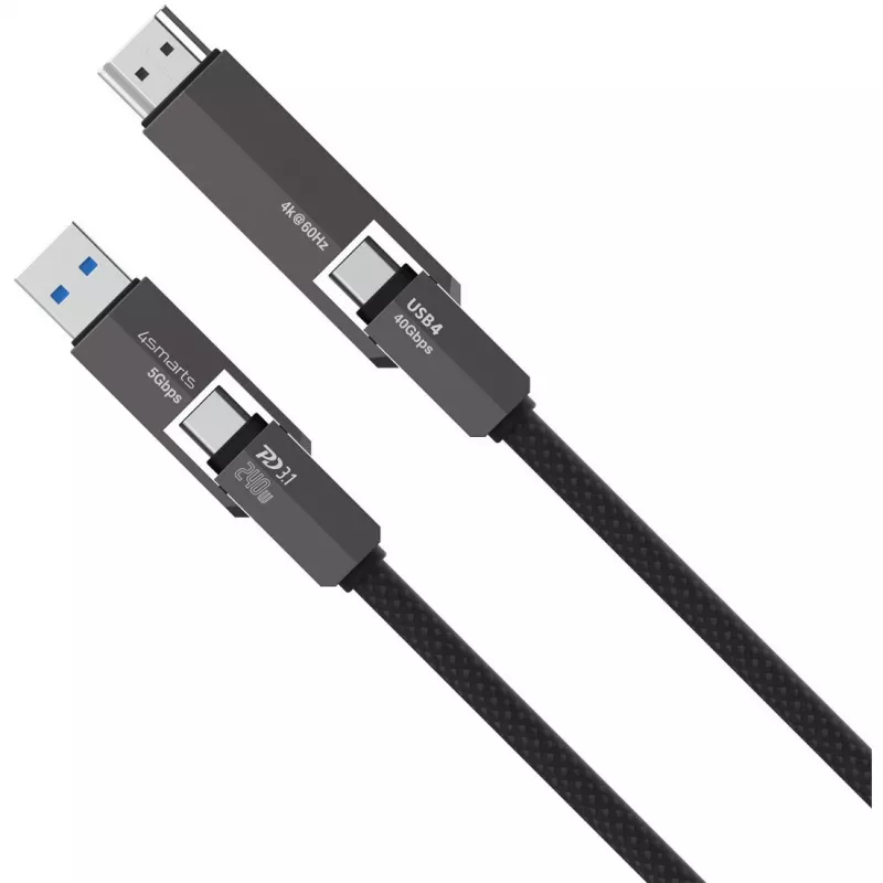 USB4 HDMI kabelis 4smarts ComboCord 240W 1,5 m – USB4 uz HDMI, 240W strāvas piegāde, 1,5 m garums