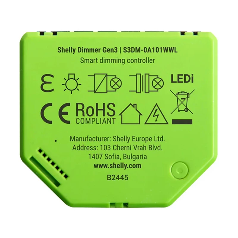Iebūvēts dimmers Shelly Dimmer Gen3 — LED max 150W, Halogēns max 200W, 220–240V, bezvadu, melns/laima
