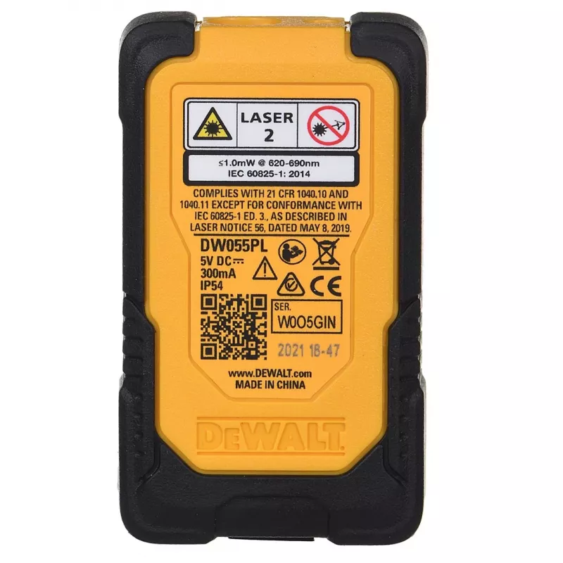 Lāzera attāluma mērītājs DeWalt DW055PL-XJ, diapazons 0–16 m, precizitāte ±6 mm, 3,7 V uzlādējams akumulators, USB kabelis