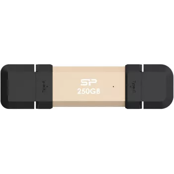 USB zibatmiņa Silicon Power DS72 250 GB, USB 3.2 Gen 2 Type-A / Type-C, alumīnijs/gumijas vāciņš, zelta krāsa