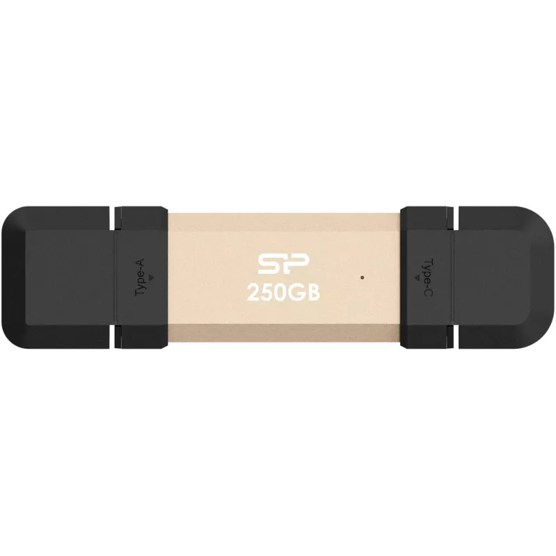 USB zibatmiņa Silicon Power DS72 250 GB, USB 3.2 Gen 2 Type-A / Type-C, alumīnijs/gumijas vāciņš, zelta krāsa