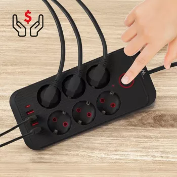 Strāvas sadalītājs MACLEAN MCE389 B — 6 rozetes, 4×USB-A + 1×USB-C, 110–240V, 2.1A, 2500W, 1,5 m kabelis, melns