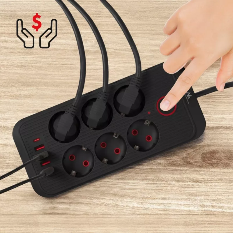 Strāvas sadalītājs MACLEAN MCE389 B — 6 rozetes, 4×USB-A + 1×USB-C, 110–240V, 2.1A, 2500W, 1,5 m kabelis, melns