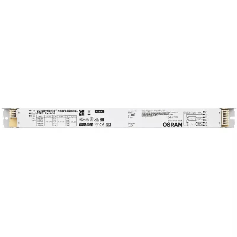 Balasts/LED draiveris Osram QTP5 2X14…35, kalpošanas laiks 100000 h, ieeja 198–264 V, 50/60 Hz, 24 A, -20–50 °C, 30×360×21 mm