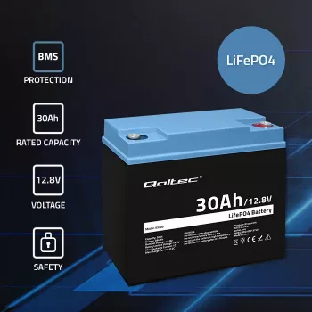 Uzlādējama LiFePO4 baterija QOLTEC 12.8V 30Ah 384Wh ar BMS
